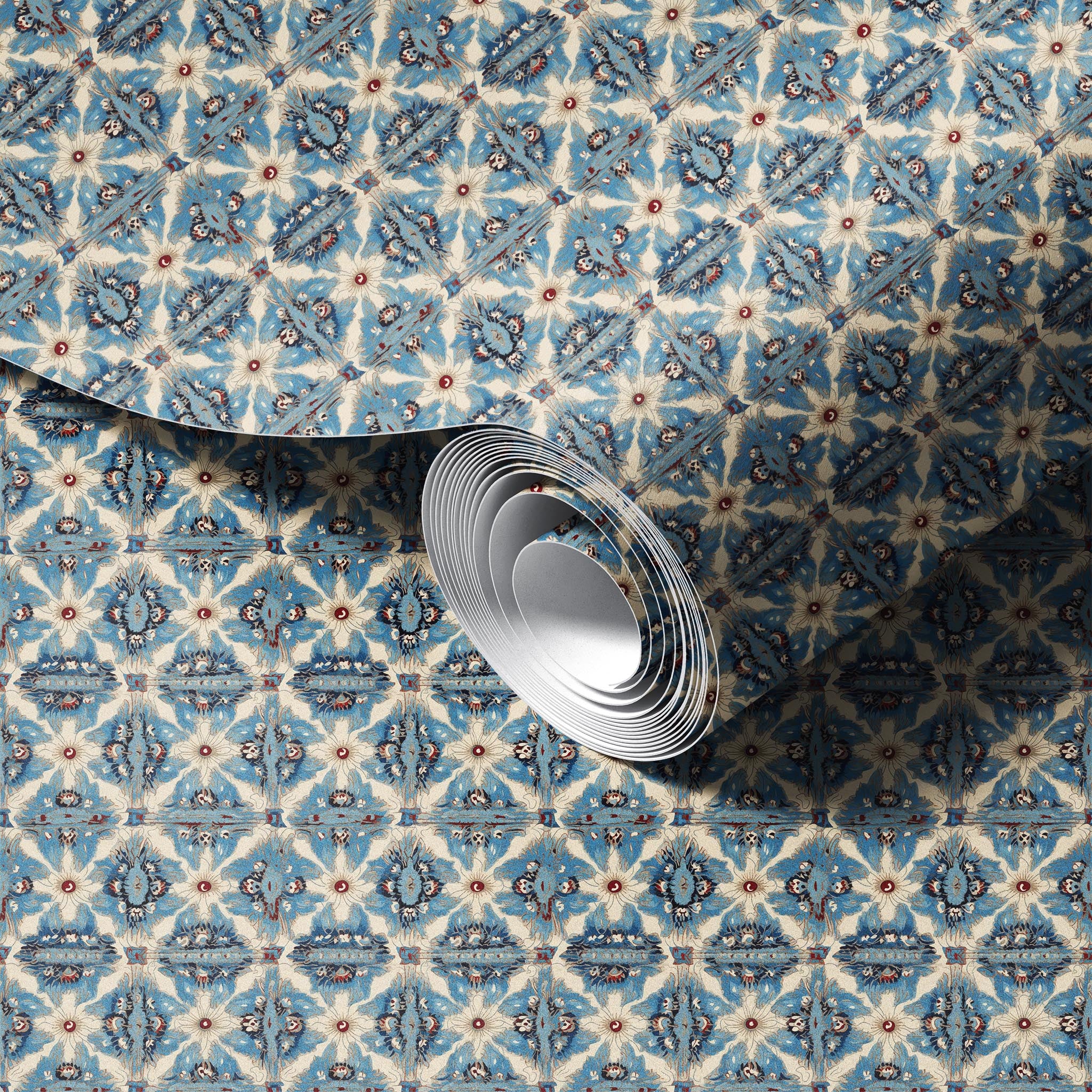Morroccan Blue peel and stick wallpaper room mockup